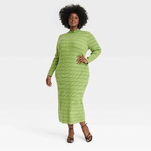 1X - Womens Long Sleeve House of Aama High Neck Maxi Knit Dress - Green